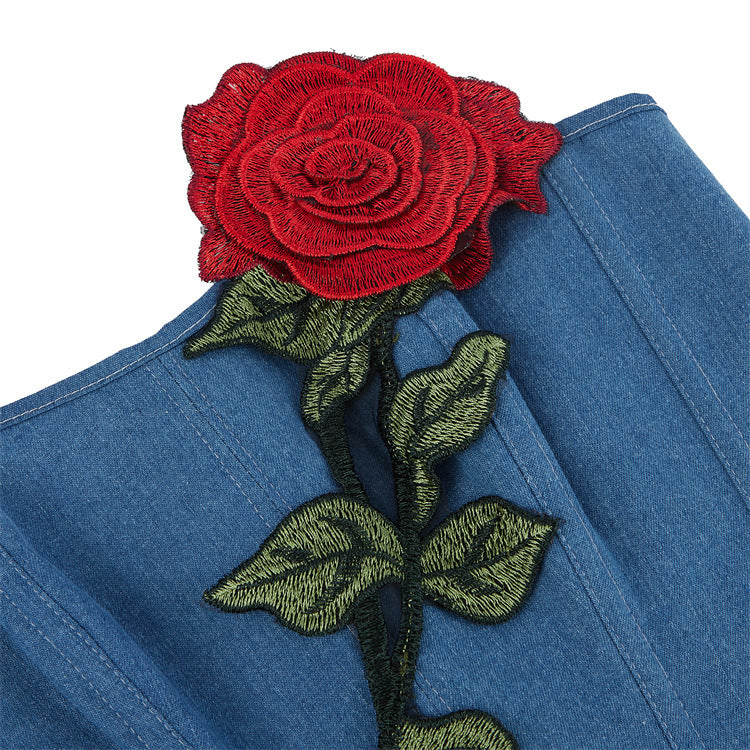 Blue Denim Rose Women Tube Top Corset Court Shapewear 69A630