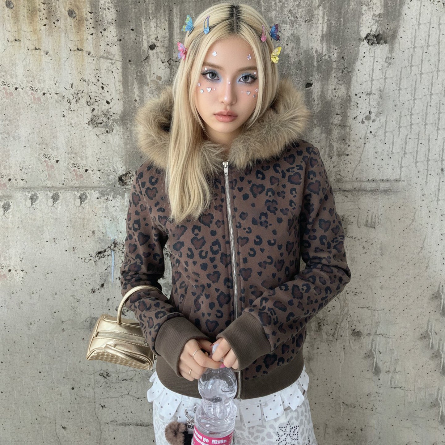 Leopard Print Fur Collar Zipper Sweater Women SA460