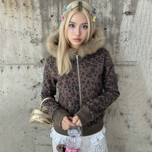 Leopard Print Fur Collar Zipper Sweater Women SA460