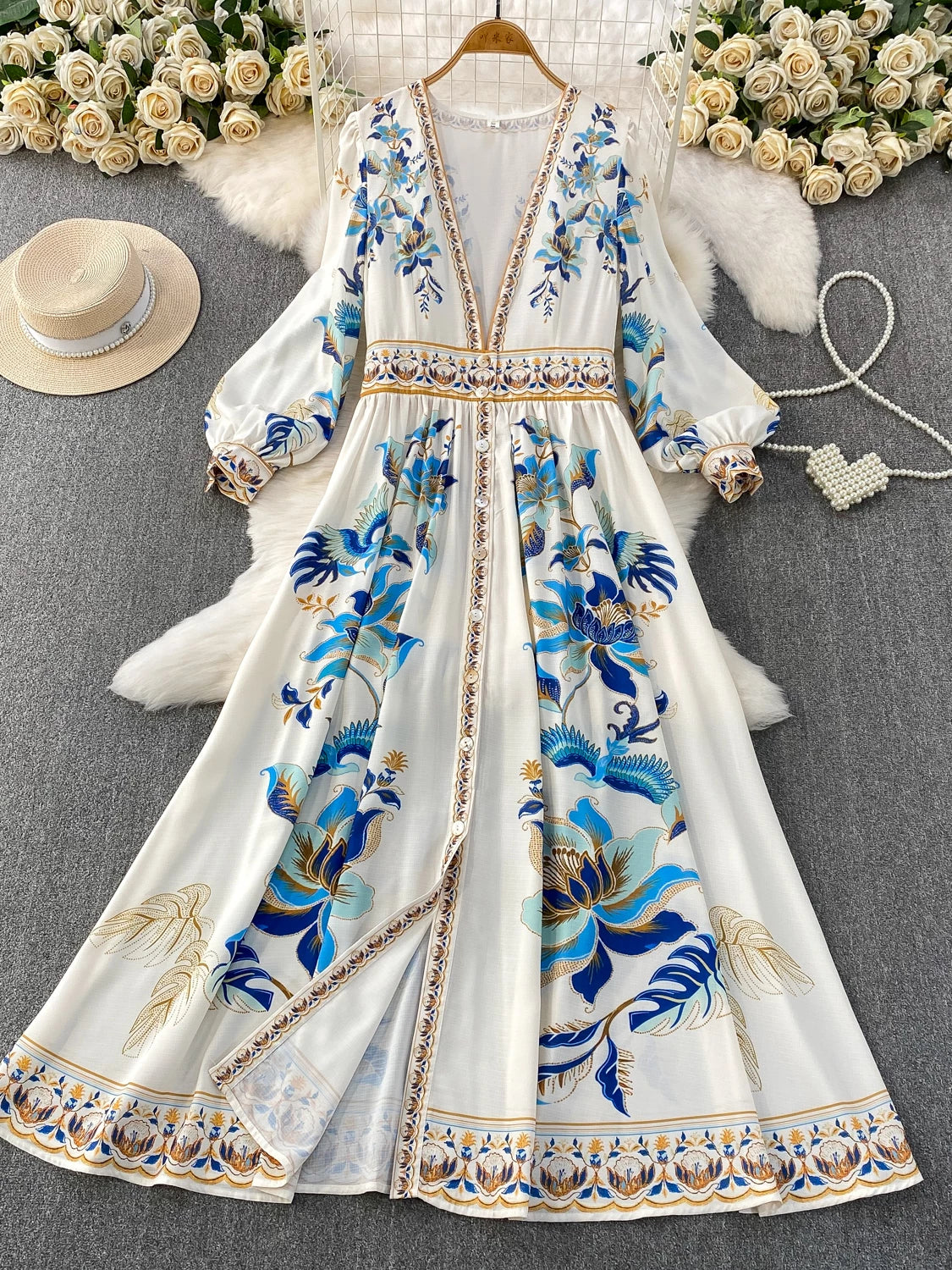 Deep V-neck Cardigan Long Dress SA756