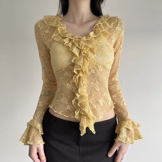 Lotus Leaf Neck See-Through Lace Shirt SA429