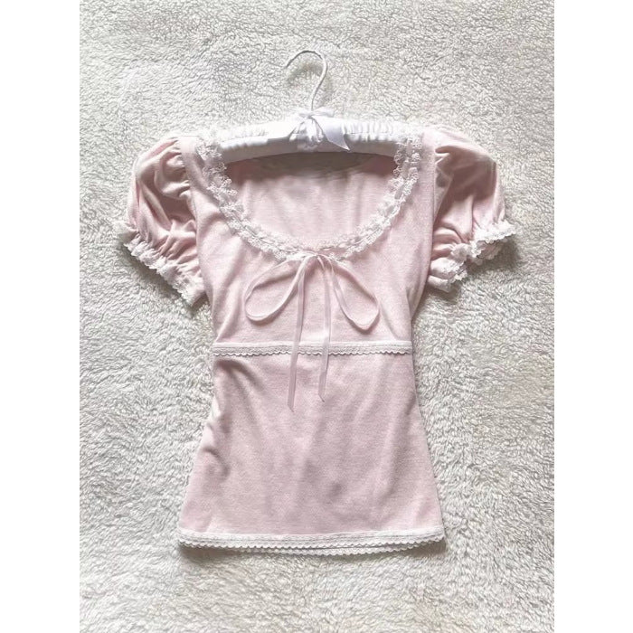 Lace Patchwork Bow Short Sleeve T-shirt US 64D142