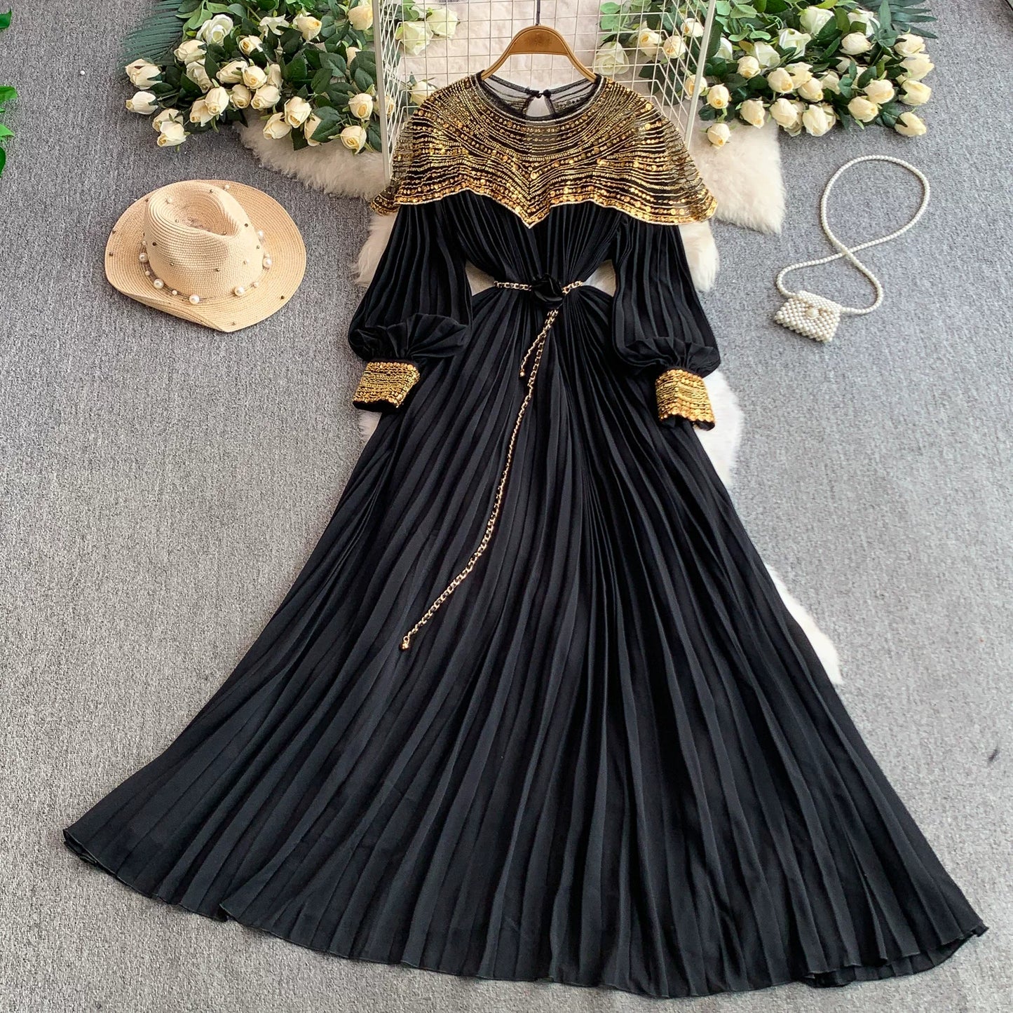 Sequin Lantern Sleeve Dress  64D118