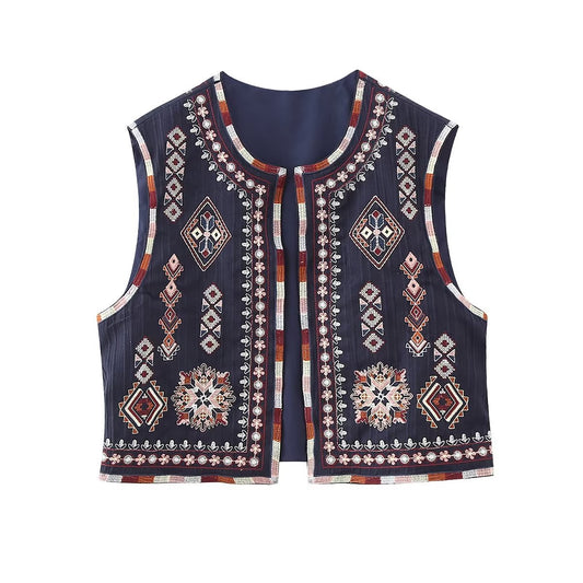 Embroidered Crew Neck Cardigan Fashion Short Vest  SA333