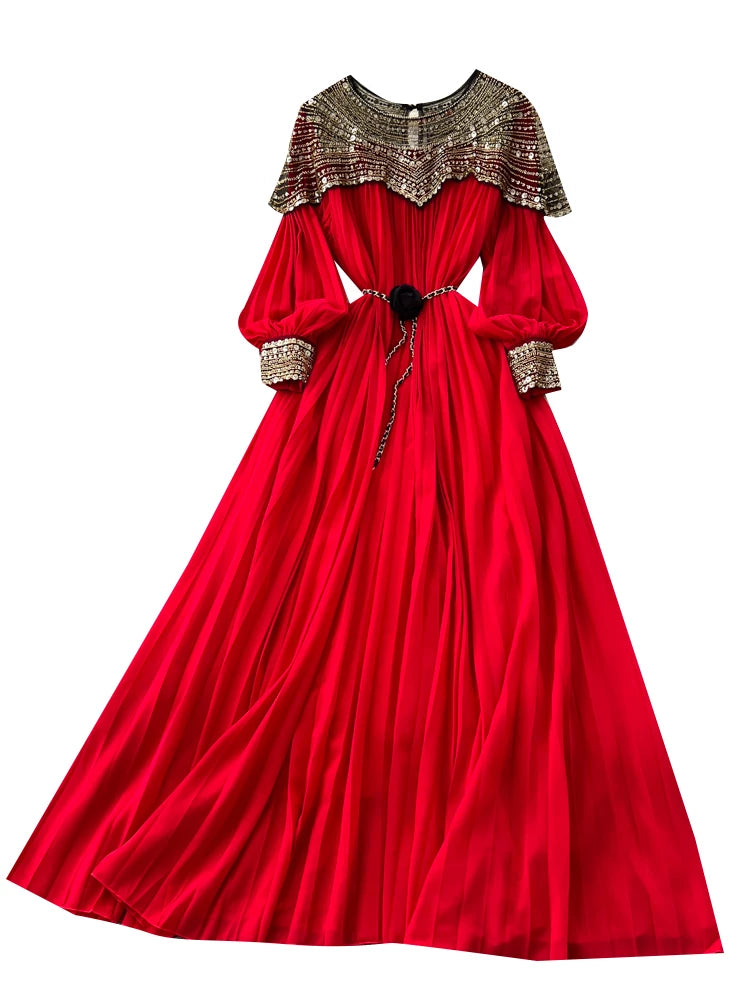 Embroidered Beaded Sequin Lantern Sleeve Dress 64D215