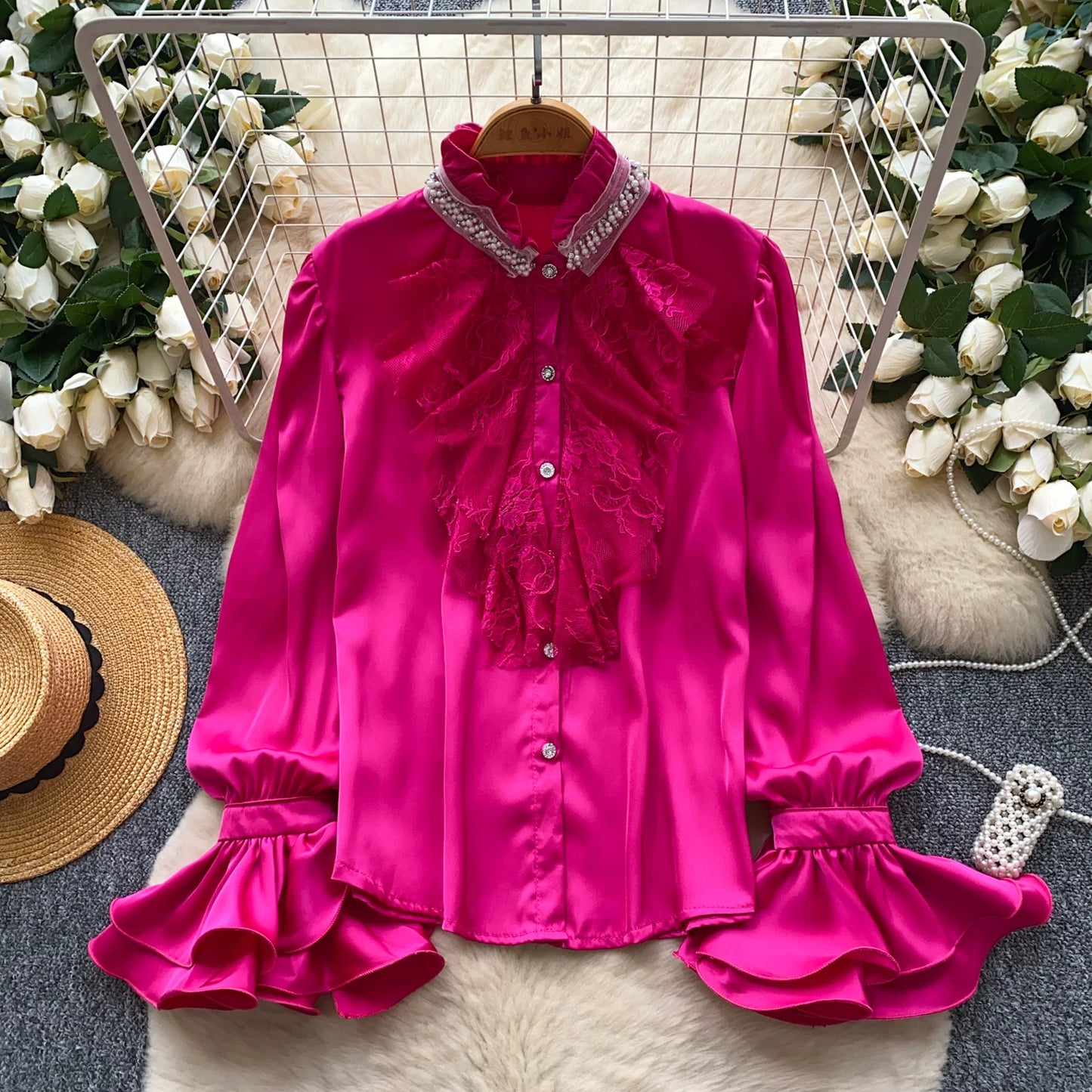 Diamond Stand-Up Neck Flared Sleeve Satin Shirt Women