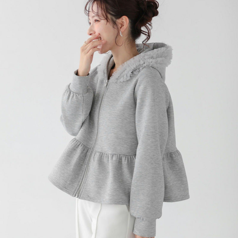 Ruffle Edge Mesh Stitching Hooded Sweater SA635