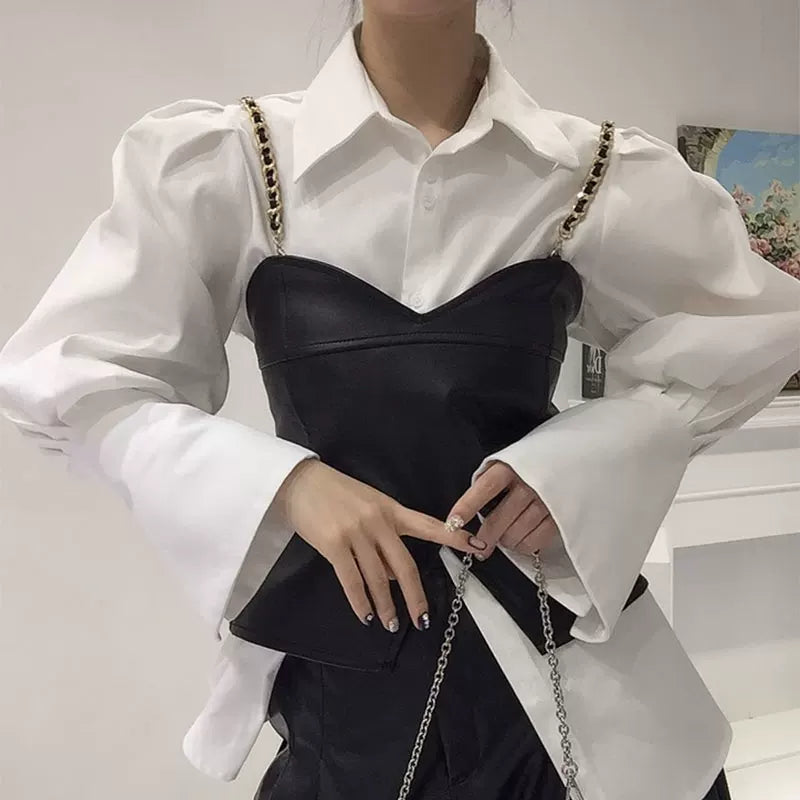 Puff Sleeve Shirt + Pu Leather Vest  64D120