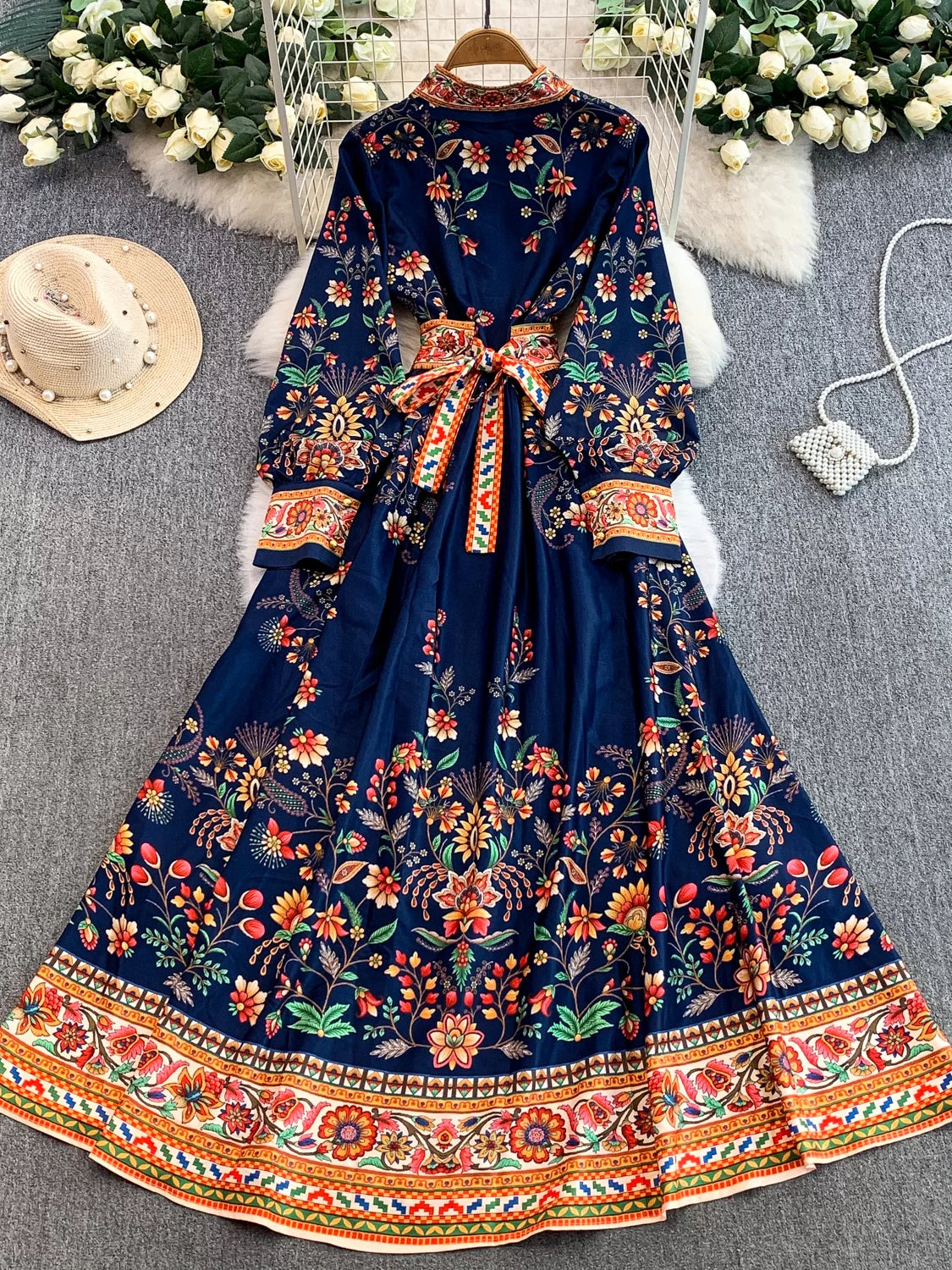 Printed V-neck Long Sleeve Dress SA745