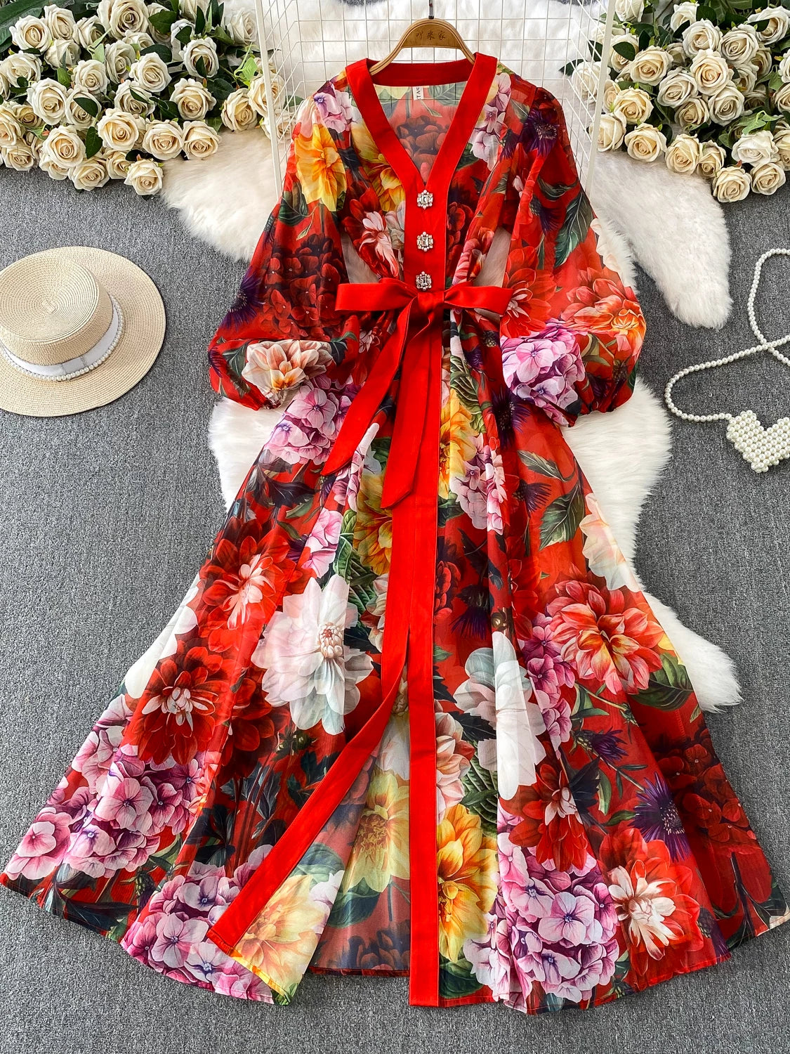 V-neck Lantern Sleeve Dress SA777
