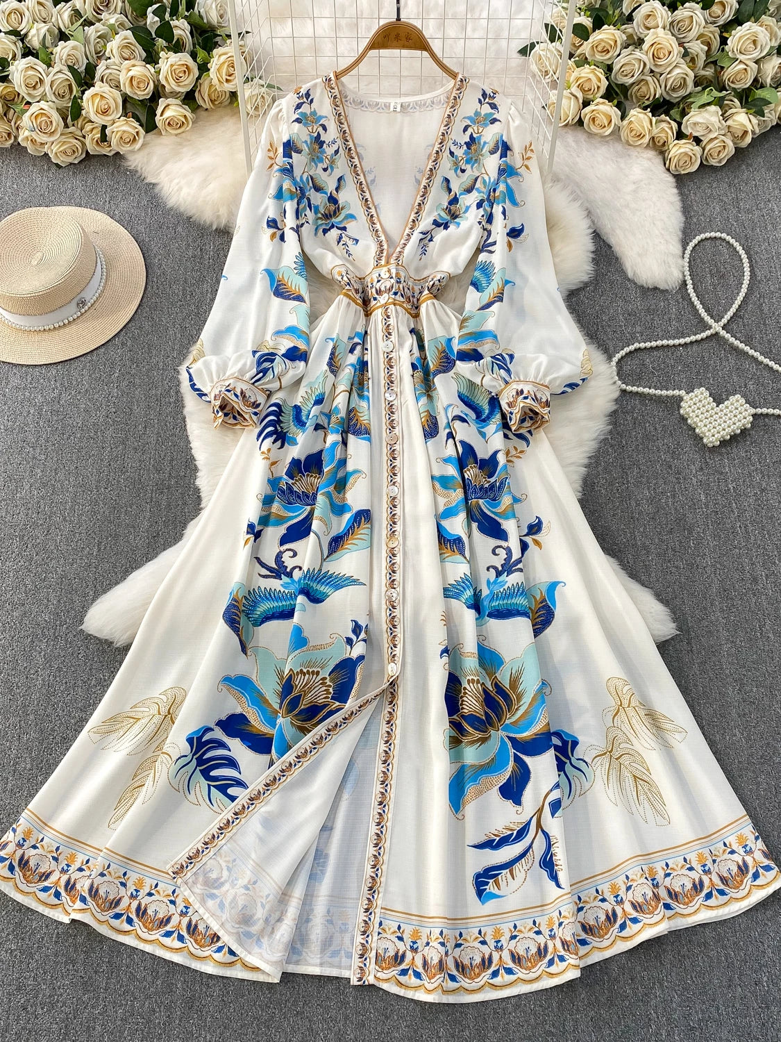 Deep V-neck Cardigan Long Dress SA756