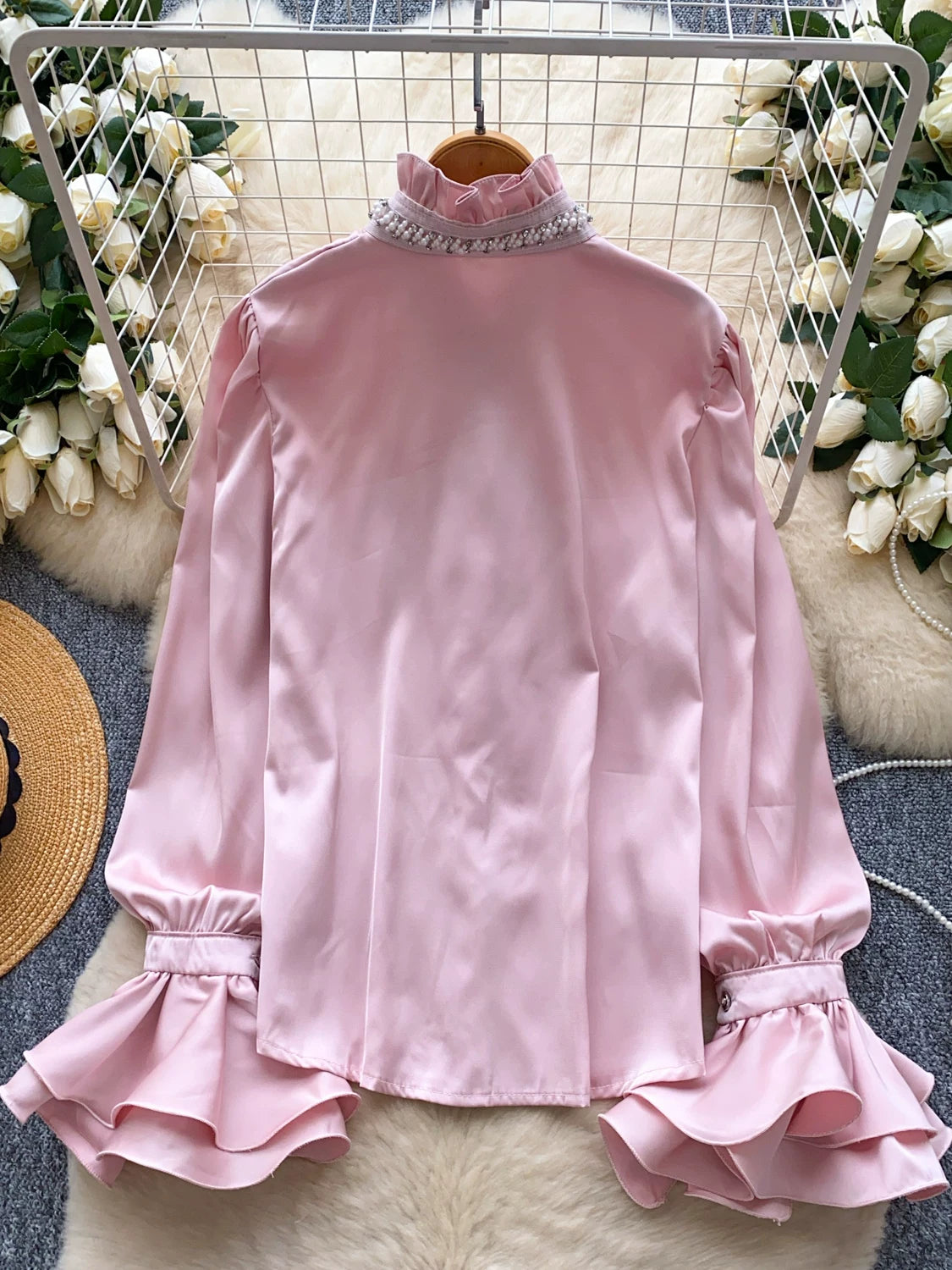 Diamond Stand-Up Neck Flared Sleeve Satin Shirt Women