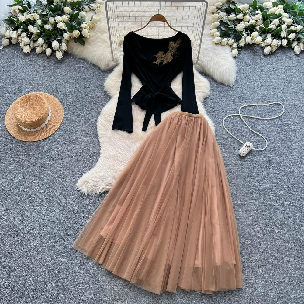 Two-piece Long-sleeved Top High-waisted Mesh Skirt 69B918