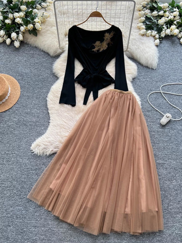 Two-piece Long-sleeved Top High-waisted Mesh Skirt 69B918