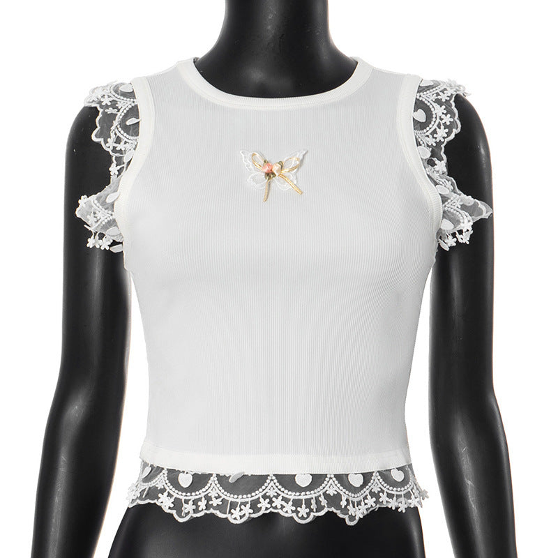 Round Neck Sleeveless Butterfly Embellished Lace Tops Vest 64D069