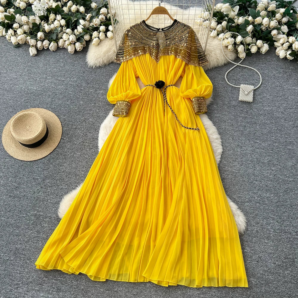 Embroidered Beaded Sequin Lantern Sleeve Dress 64D215