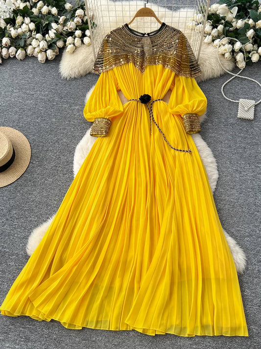 Embroidered Beaded Sequin Lantern Sleeve Dress 64D215