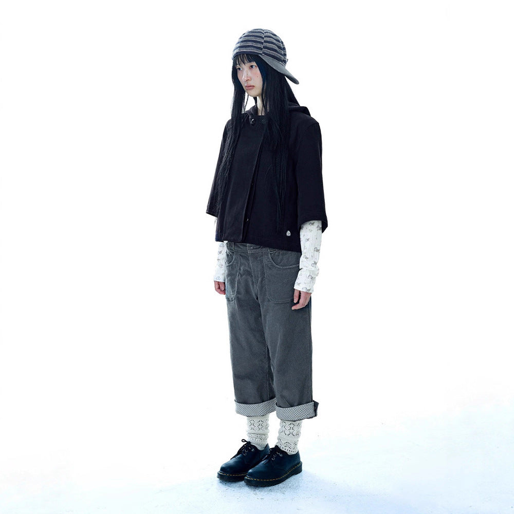 Small Flower Button Hooded Bat Sleeve Cloak Jacket Female 73C103