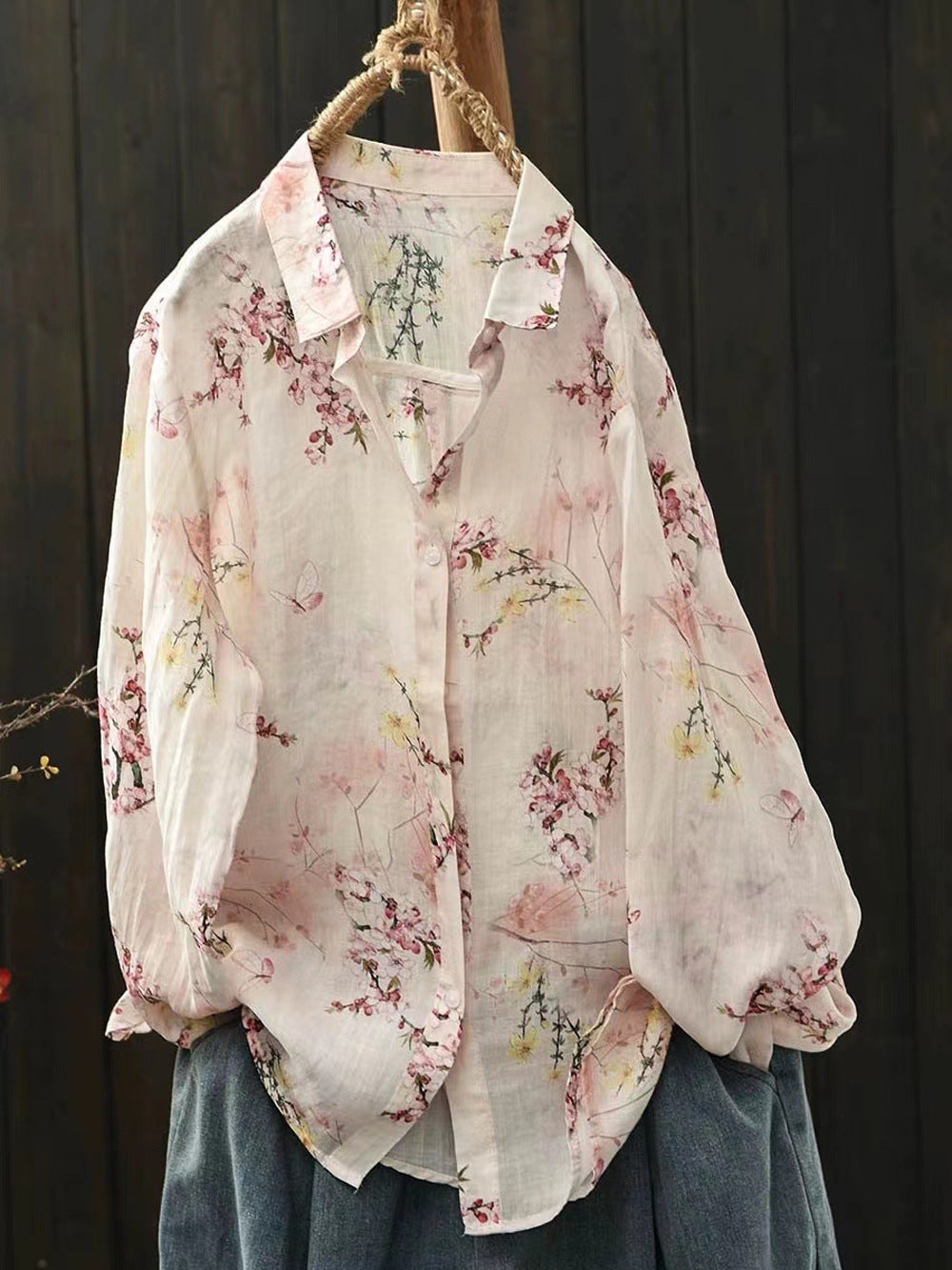 Ramie Printed Shirt Long Sleeve Women