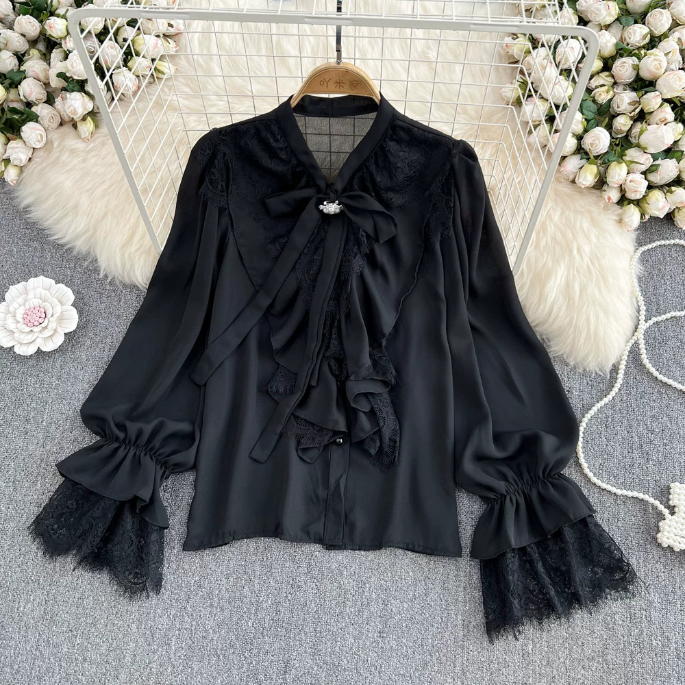 Lace Patchwork Bell Sleeve Bow Tie Shirt 58A961