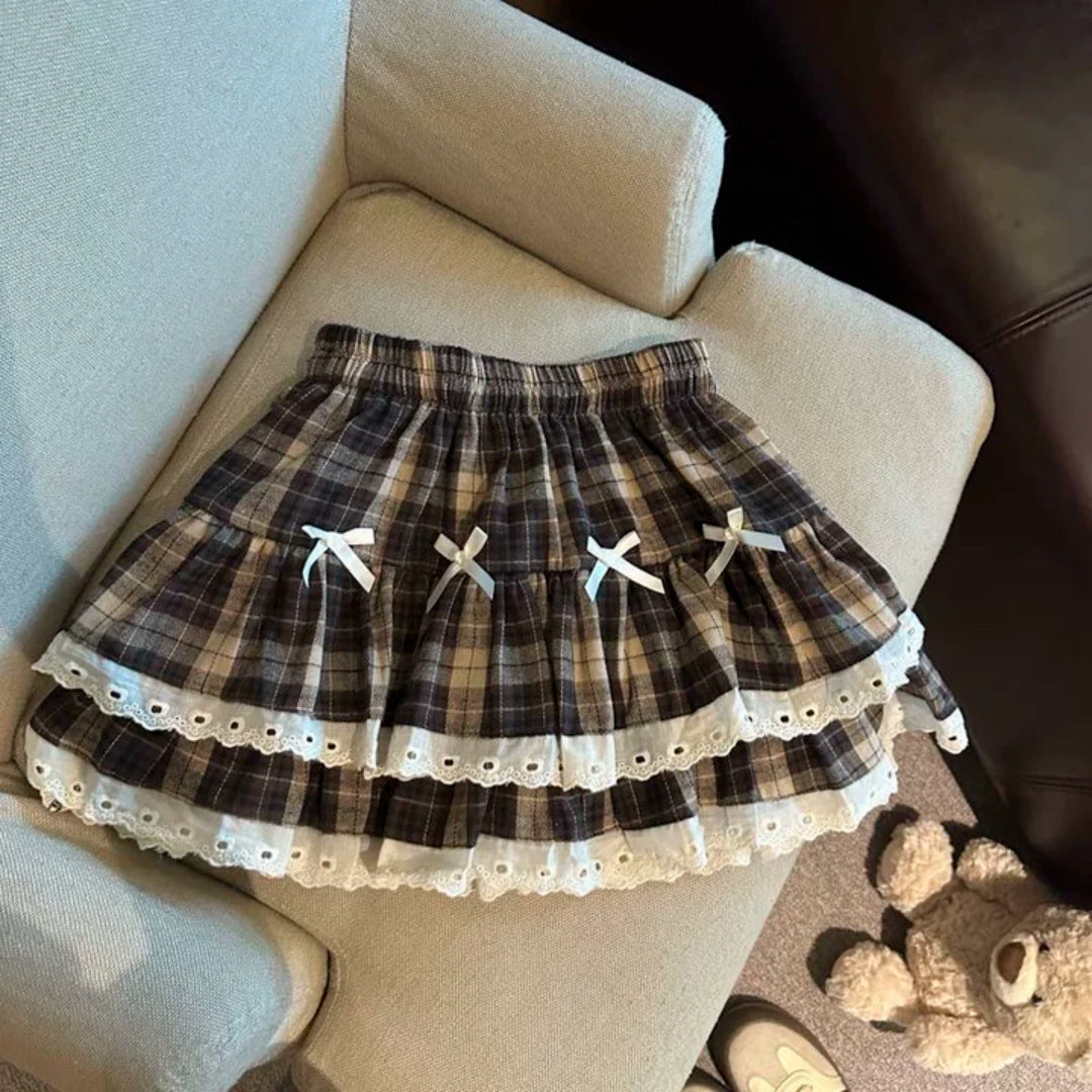 Plaid Double-layered Lace Skirt  US  64D146