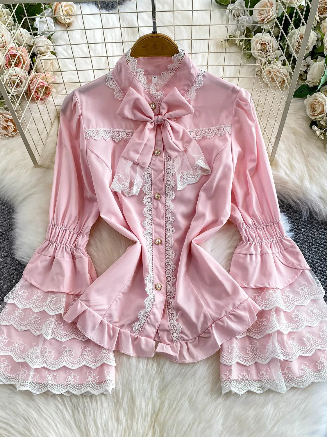 Lace Patchwork Stand Collar Shirt 64D112