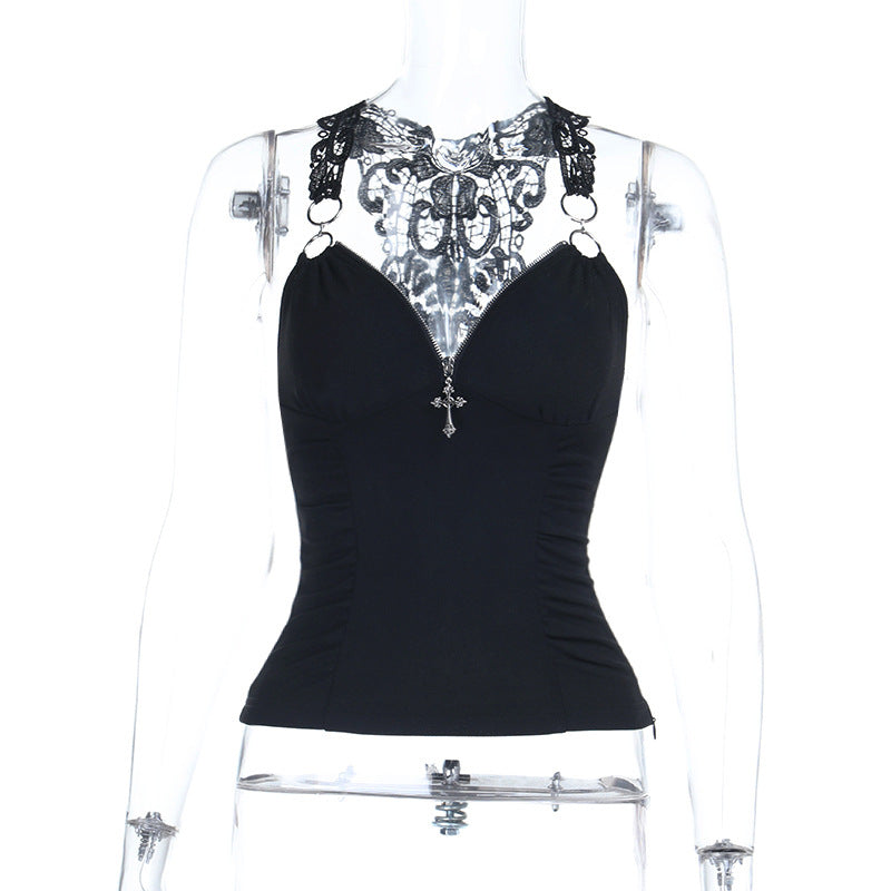 Lace Patchwork Backless Top 64D070
