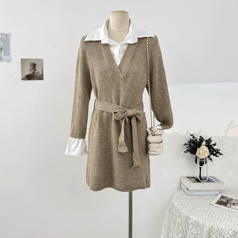 Collared Long-sleeve Knit Dress  SAB122