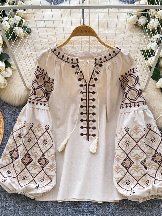 Embroidered Lantern Sleeve Shirt SA778