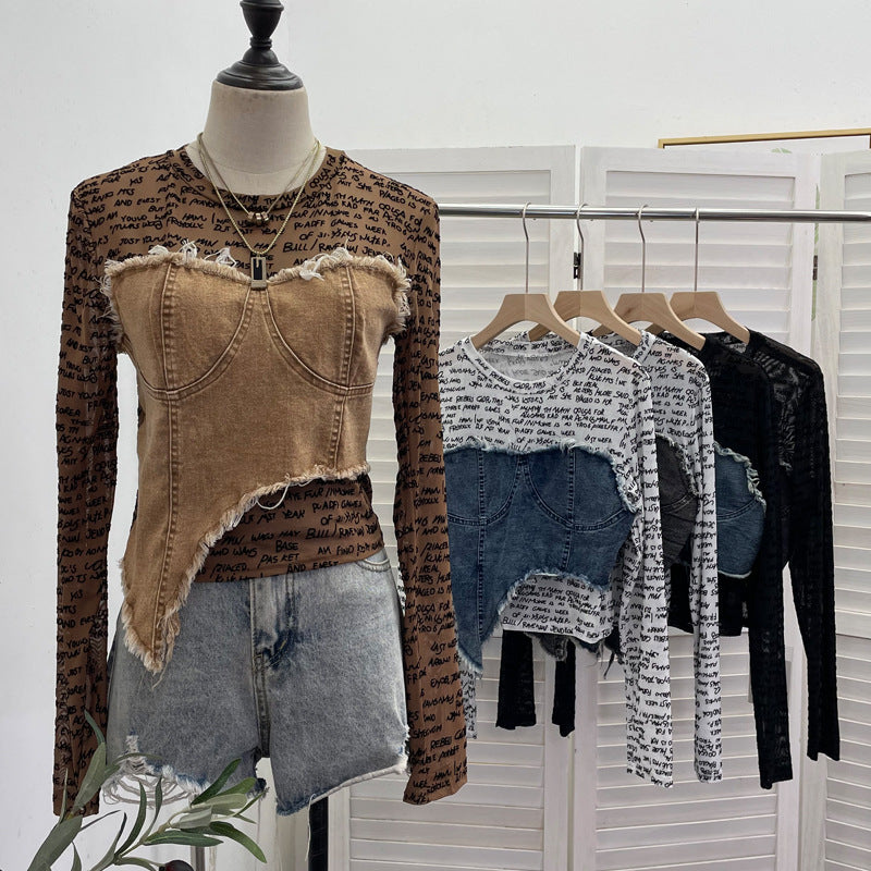 Letter Print Splicing Denim Long-sleeved T-shirt  SA466/SA467