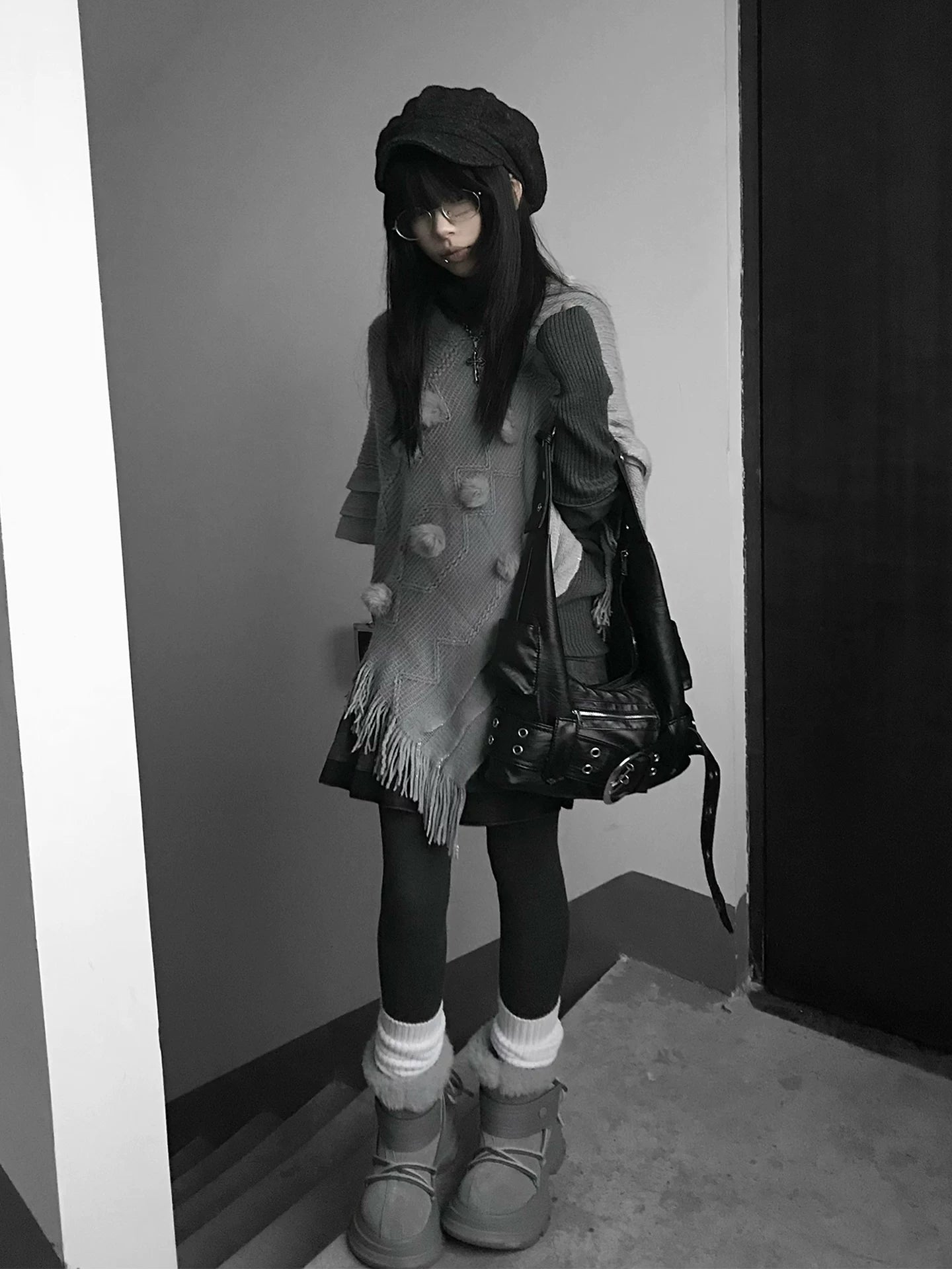 Grey Hairball Cape Knitted Sweater SA642