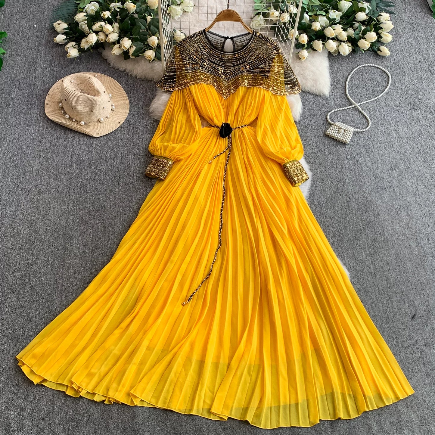 Sequin Lantern Sleeve Dress  64D118