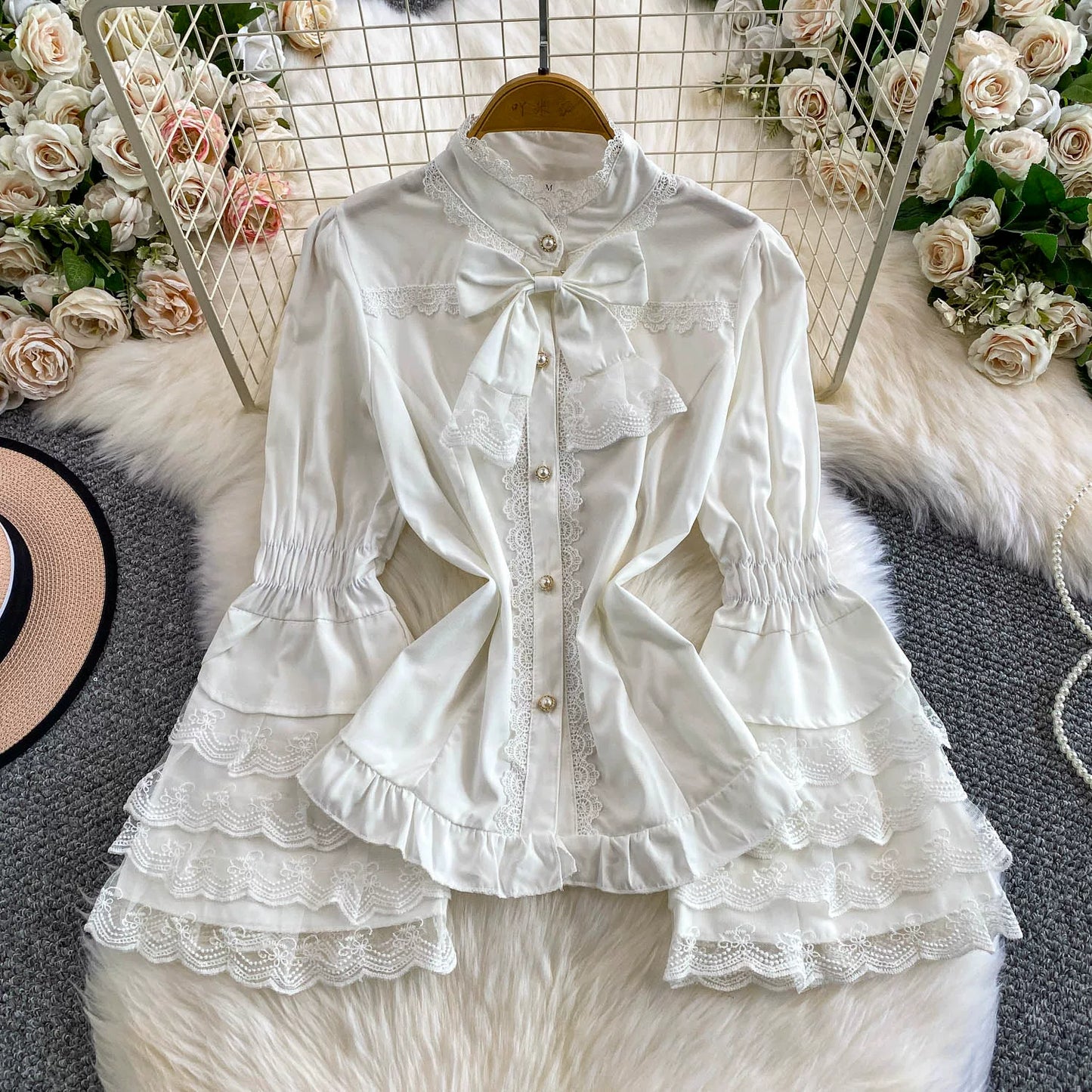 Lace Patchwork Stand Collar Shirt 64D112