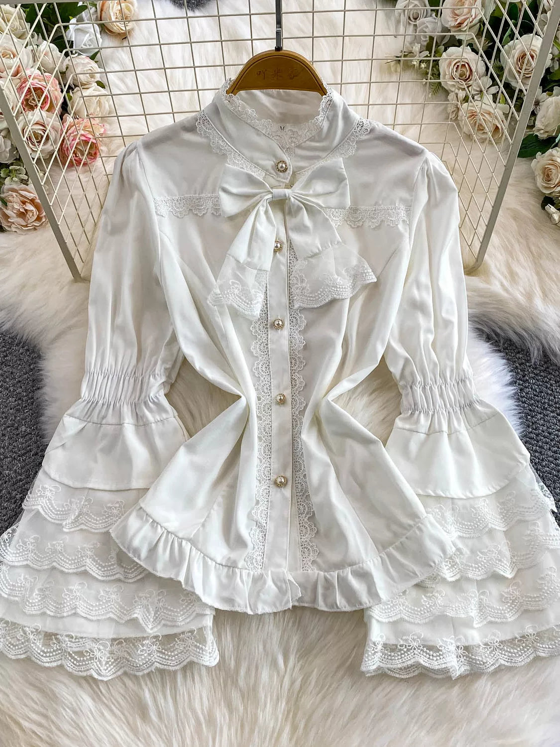Lace Patchwork Stand Collar Shirt 64D112