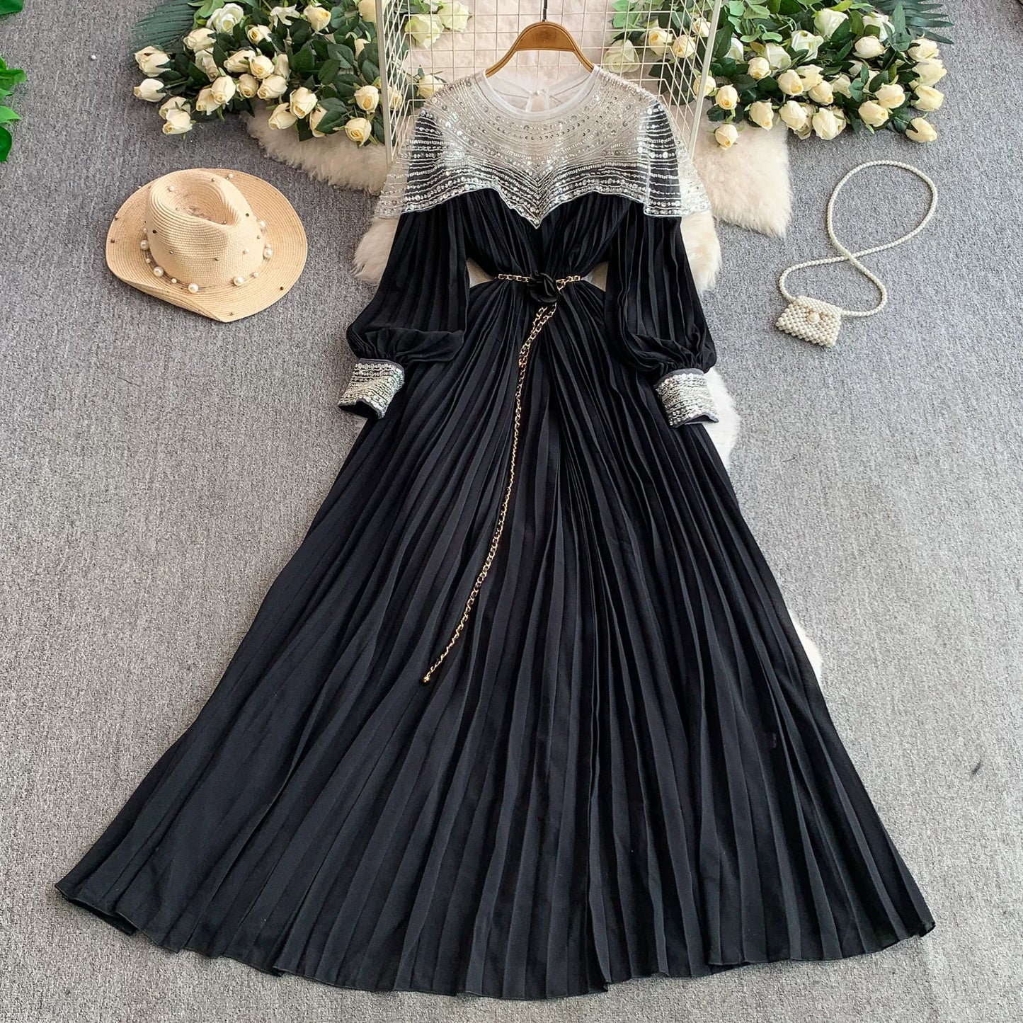 Sequin Lantern Sleeve Dress  64D118
