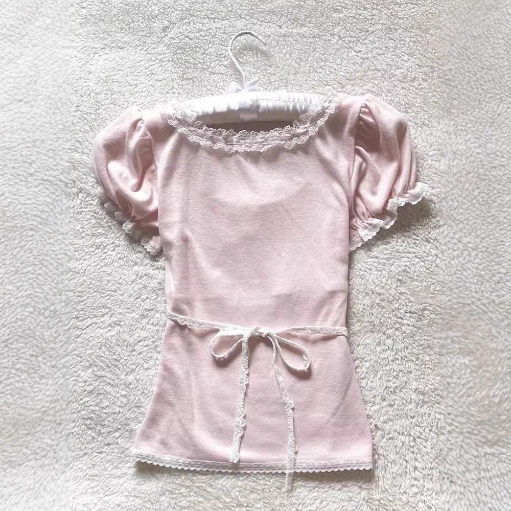 Lace Patchwork Bow Short Sleeve T-shirt US 64D142