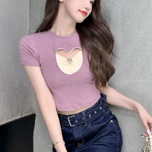 Hollow Love Design Short-sleeved T-shirt for Women US 64D179