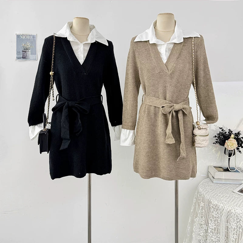 Collared Long-sleeve Knit Dress  SAB122