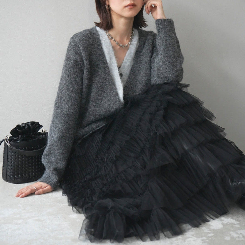 Loose V-neck Knitted Cardigan + Skirt SA607
