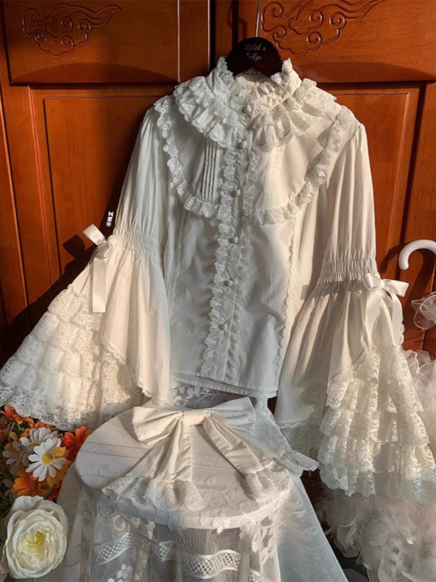 White Lace Flared Sleeve Shirt  64D115
