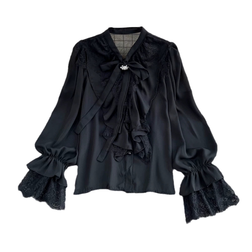 Lace Patchwork Bell Sleeve Bow Tie Shirt 58A961