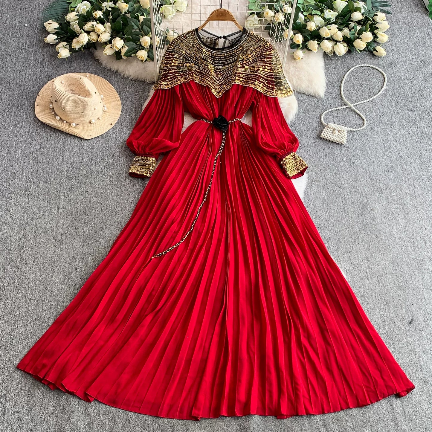 Sequin Lantern Sleeve Dress  64D118