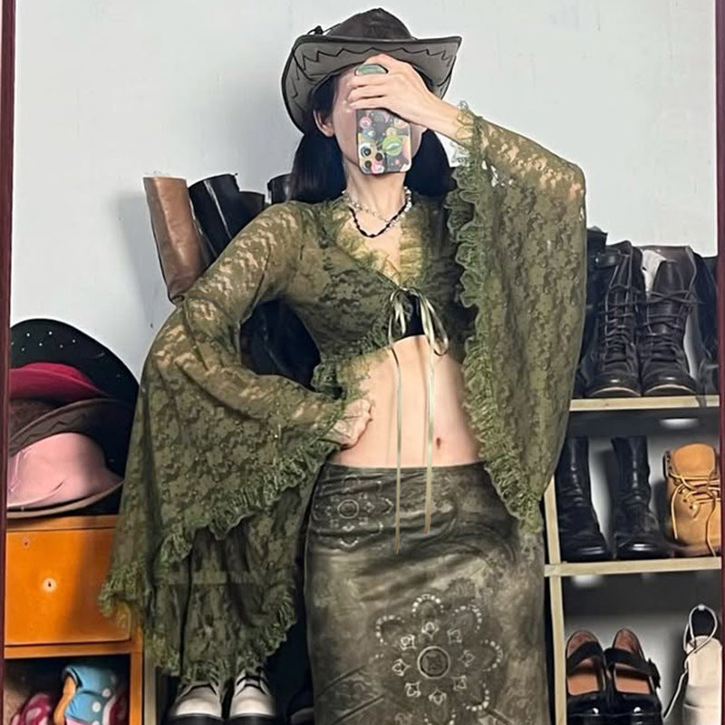 Lace V-neck Tie-up Cardigan SA935