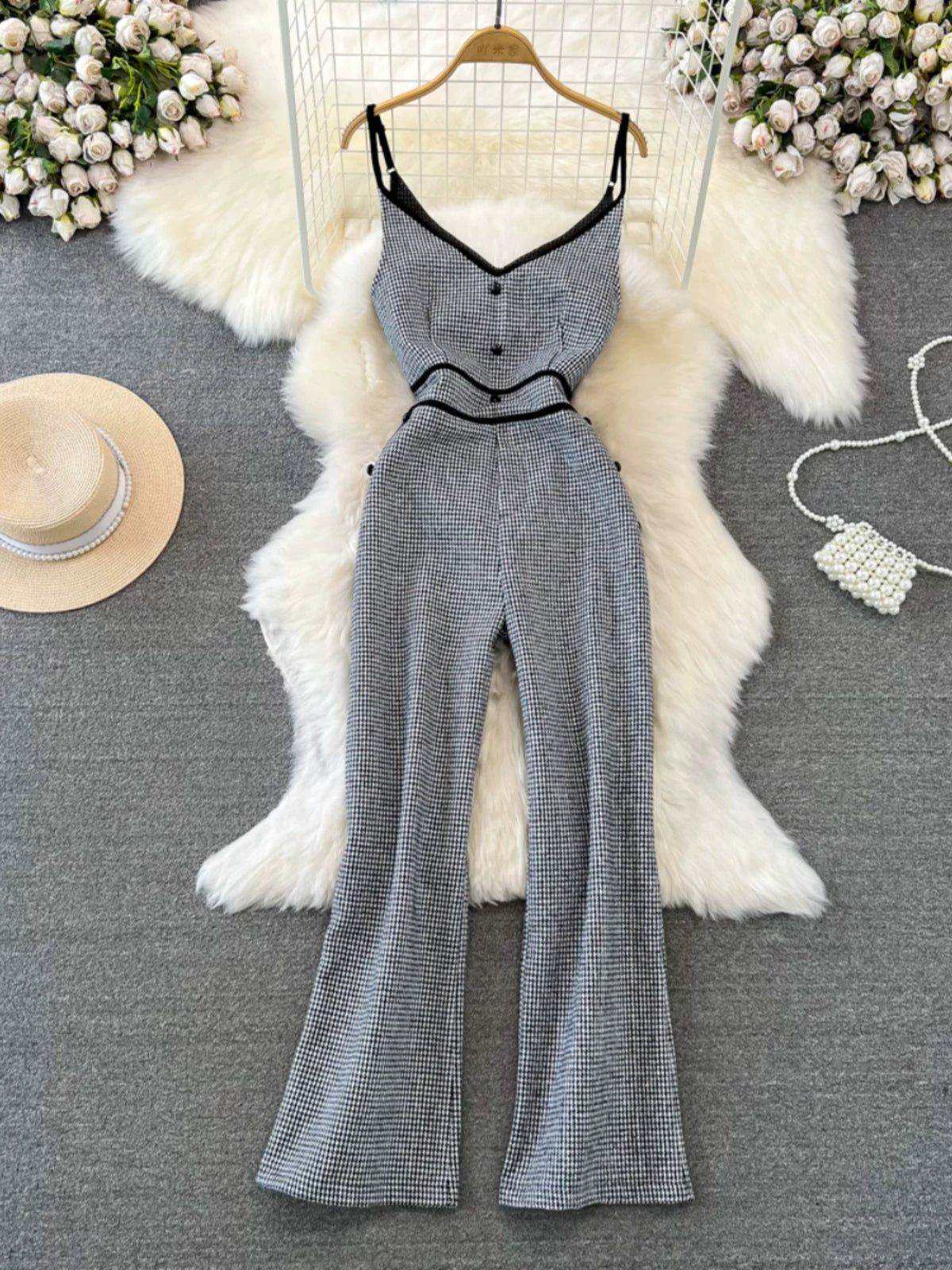 V-neck Houndstooth Woolen Jumpsuit 64H073
