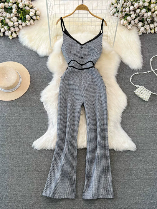 V-neck Houndstooth Woolen Jumpsuit 64H073