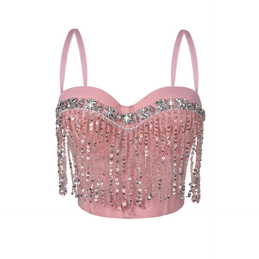 Rhinestone Flower Shiny Fishbone Bra 69B889