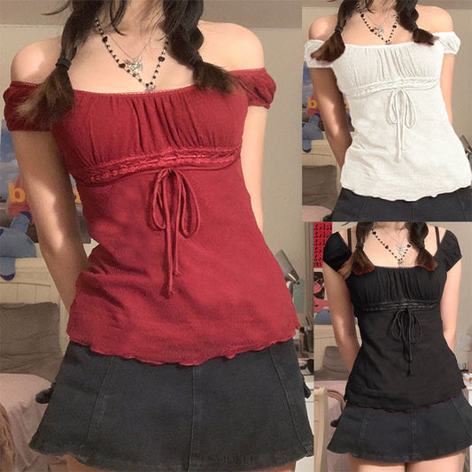 Off Shoulder Drawstring Lace Tops Women T-shirt  56D874