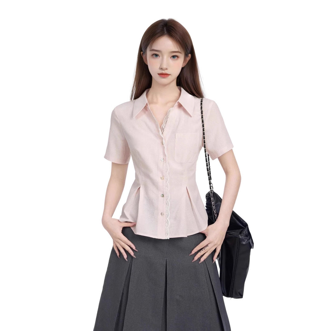 Pink Shoulder Lace Short Sleeve Shirt Women SA374