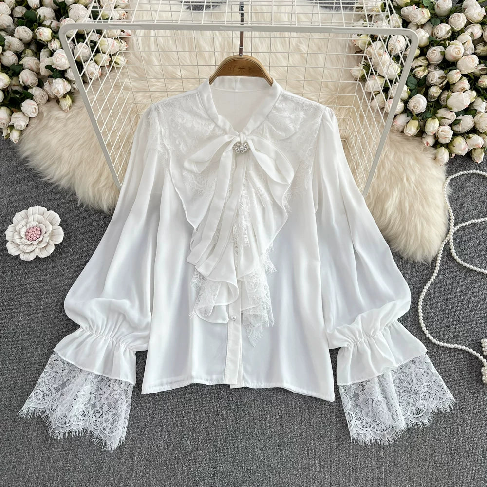 Lace Patchwork Bell Sleeve Bow Tie Shirt 58A961