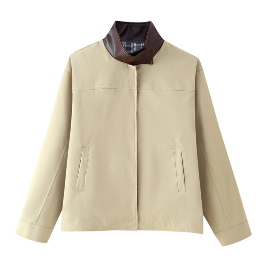 Color Matching Plaid Splicing Jacket Trench Coat  SA424